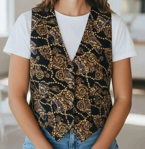 VTG 90s Notations Vest M Baroque Black Gold Chain & Medallion Print Quiet Luxury - Picture 1 of 9