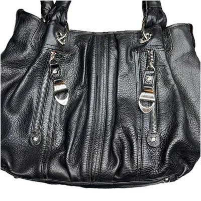 Bolso de Hombro Hobo B Makowsky Negro Cuero Suave Interior Estampado Leopardo Foto 1 de 4