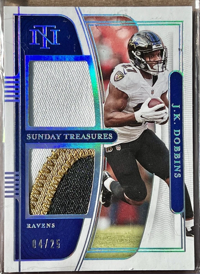 2021 FOTL J.K. Dobbins NT HOLO SILVER SUNDAY TREASURES DUAL PATCH 4/25 Ravens - Image 1 of 3