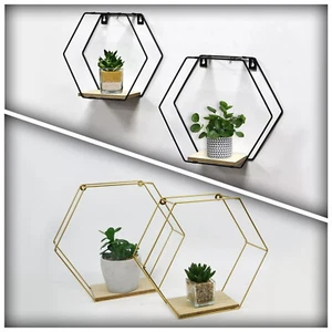 Set of 2 Wall Shelf Hexagonal Gold & Black Metal Wire Shelves For Home Decor UK - Picture 1 of 8