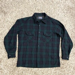 VTG Pendleton Board Shirt Flannel Blue Green Plaid Loop Collar Flap Pockets Sz L - Picture 1 of 14
