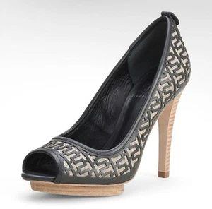 NUEVO TORY BURCH Regan Cuero Negro/Lino Punta Peep-Toe T Plataforma Tacón Bomba 10.5 - Imagen 1 de 12