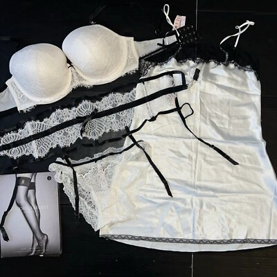 Victoria's Secret 34DD,36DD,36DDD SUJETADOR SET+liga+M SLIP NEGRO BLANCO encaje terciopelo Foto 1 de 4