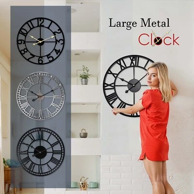 Large Roman Numeral Skeleton Wall Clock Big Giant Open Face Round Garden Clocks - Image 1 of 4