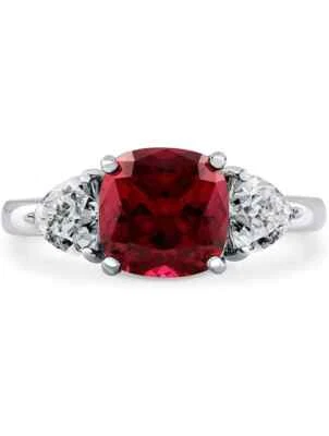 Anel feminino simulado de rubi vermelho e moissanita branca 3 pedras em platina sólida 950 - Imagem 1 de 4