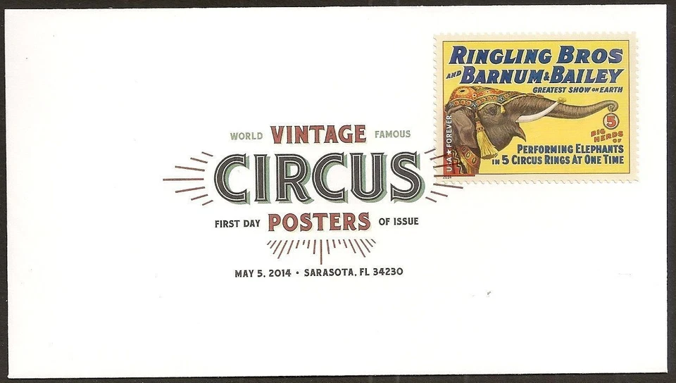 US 4904 Ringling Bros Barnum & Bailey Circus Poster Elephant DCP FDC 2014 - Image 1 of 1