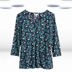 Ex Seasalt Women's 3/4 Sleeve Notch Neck Printed Top in Navy - Picture 1 of 6