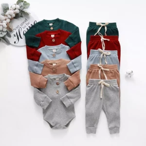 Infant Newborn Baby Girl Boy Spring Autumn Ribbed/Plaid Solid Clothes Sets Long - Picture 1 of 29