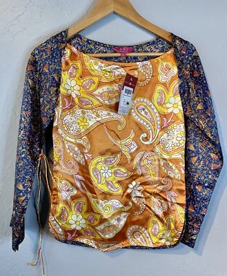Aki Narula 印度衬衫女式衬衫佩斯利缎面对比袖小号新品 — 第 1/4 张图片