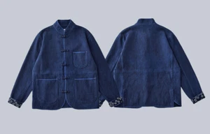 Mens Dobby Indigo Japanese Kendo Sashiko Tang Tangzhuang Chinese Workwear Jacket - Picture 1 of 21