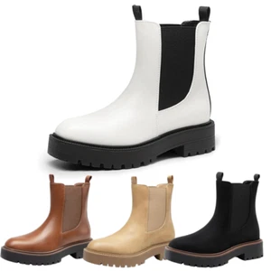 Women Slip On Chelsea Booties Low Chunky Heel Round Toe Sole Platform Ankle Boot - Picture 1 of 43