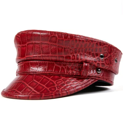 Hombres Cuero Genuino Capitán Marinero Sombrero Repujado Motociclista Driver Boina Gorra Plana Roja Foto 1 de 4