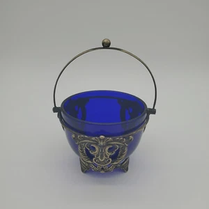 Cobalt Blue Glass Bowl in Metal Holder with Handle - Picture 1 of 11