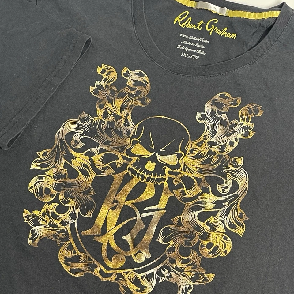 Camiseta Robert Graham Para Hombre Negra 3X Calavera Rockin Camiseta Manga Corta Dorado Brillante Foto 1 de 4