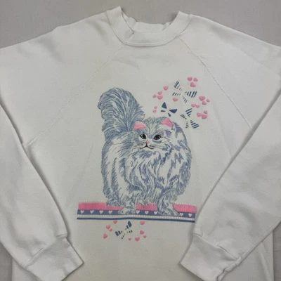 Винтажная кошачья толстовка для взрослых большая белая 1980-е милая веселая бабочка США - Изображение 1 из 4