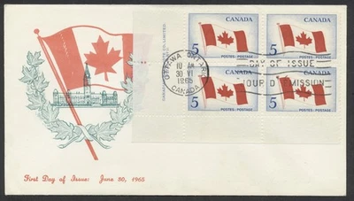 1965 #439 Bandera Canadiense FDC Placa Bloque Personal Cachet Ottawa Foto 1 de 2