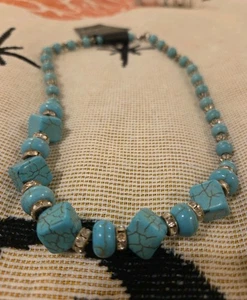 Fashion Jewelry Faux-Turquoise Bib Necklace Rhinestone Spacer Accents - Picture 1 of 5