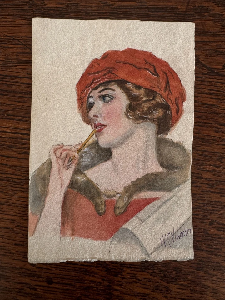 Estola de piel de moda de mujer pintura acuarela vintage de 1920 WC Vincent 4 x 6 Foto 1 de 4