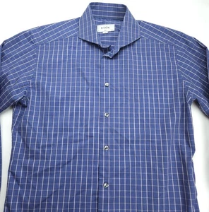 15.5 x 39 Medium Eton Slim Men's Blue Check Button Up Dress Long Sleeve - Picture 1 of 6