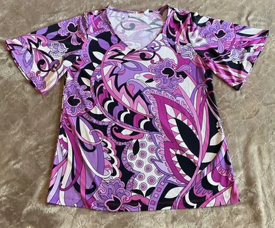 Blusa Susan Graver Top Mujer Pequeña Multicolor Paisley Elastizada Manga Campana Foto 1 de 4