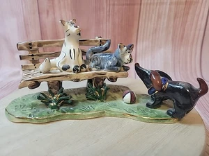 Blue Sky Clayworks Cats on Park Bench Meeting Dog Heather Goldminc 2000 - Picture 1 of 9