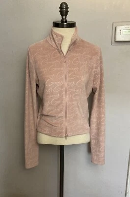 Guess розовый верхний полный молнии большой выбитый логотип Y2K укороченный велюр - Изображение 1 из 4