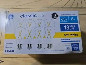 GE 60W LED A19 Crystal Clear Soft White Light Bulb, 800 Lumens ~ 8-Pack - Picture 1 of 7