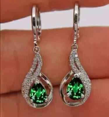 14K White Gold Plated 2.10Ct Pear Cut Lab Created Emerald Women's Hoop Earrings - Image 1 of 4