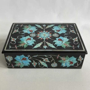 6x4x2" Black Marble Trinket Jewelry Stash Box W Multi Stone Inlay Turquoise MOP - Picture 1 of 10
