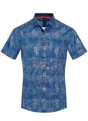 Camisa Hombre Moda Italiana Abotonada Manga Corta Azul Marino Paisely Colección VIP Foto 1 de 2