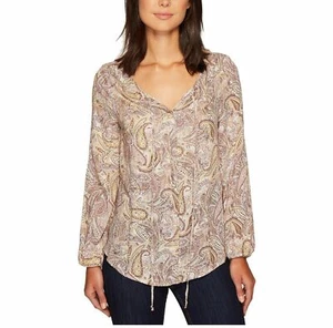 $99 B Collection BY Bobeau Women Pink Yellow Paisley Tie-Neck Blouse Top Size M - Picture 1 of 4