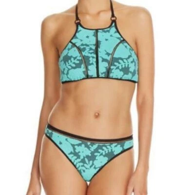 NUEVO CON ETIQUETAS $172 NANETTE LEPORE *STARGAZER* JADE NEGRO JACQUARD HALTER BIKINI PARTE SUPERIOR INFERIOR Foto 1 de 4