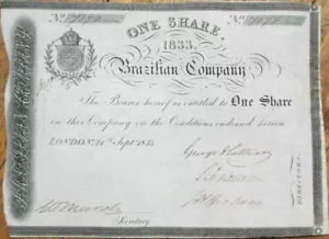 Brasilien Goldbergbau 1833 Aktienzertifikat auf Pergament, brasilianische Firma, Brasilien - Bild 1 von 2