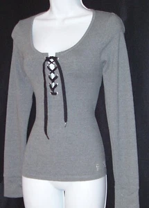 BEBE SPORT WOMEN'S SWAROVSKI CRYSTAL RHINESTONE LOGO LACE UP TOP STRETCHY S NWOT - Picture 1 of 12