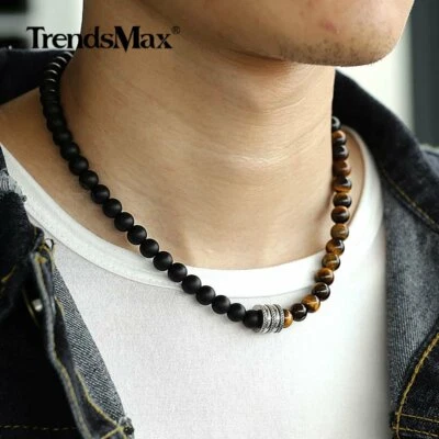 Collar de cuentas de vidrio de jaspe ojo de tigre de 8 mm de acero inoxidable con dije de palanca hecho a mano Foto 1 de 4