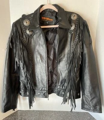 Chaqueta de cuero negra trenzada 3B West Tansmith con flecos Concho Western Moto XL 90s Foto 1 de 4