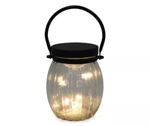 NEW Carved Glass LED Lantern w/ Star Lights, battery powered, black metal top - Picture 1 of 6