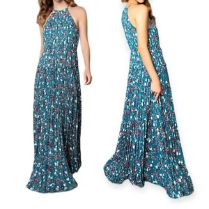 Fame & Partners Dress Maxi Pleated Halter Teal Floral Leaves Sodalite 2 - Picture 1 of 16