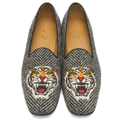 GUCCI 500872 Herringbone Tiger Head Fabric Black/White Men's Loafer Size G5 - Image 1 of 4