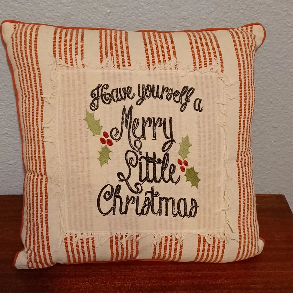 Christmas Holiday Throw Pillow Merry Little Christmas rustic red white stripes - Image 1 of 4