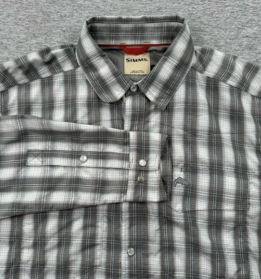 Simms Shirt Mens Medium Gray Plaid Pearl Snap Vented Long Sleeve Fishing Hiking - Image 1 of 4