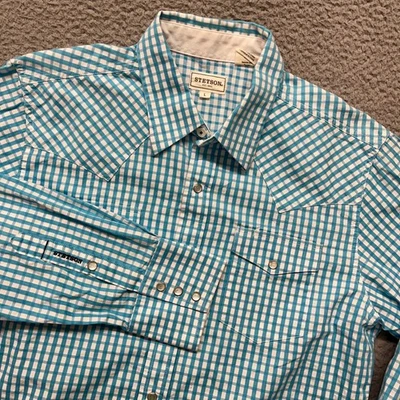 Stetson Shirt Mens L Blue Plaid Pearl Snap Western Cowboy Rodeo Long Sleeve - Image 1 of 4