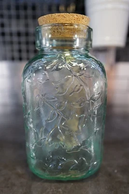 Blue Green Embossed Ivy Glass Floral Jar w/ Cork Lid 48oz Storage Container 8in - Image 1 of 4