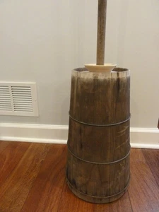 Antique Wood Butter Churn With Wood & Ceramic Top And Dasher, Round, Rare 18" - Picture 1 of 14