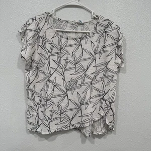 Cynthia Rowley White Black Leaf Print Linen Blend Short Sleeve T Shirt Top XL - Picture 1 of 6