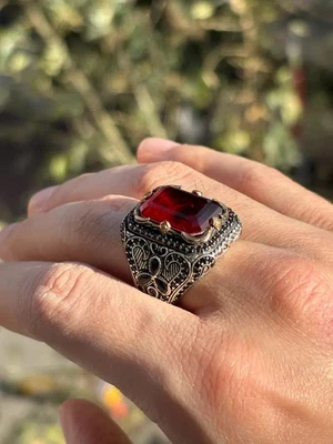 925 Sterling Silver Men Ring Simulated Ruby Red Stone Turkish Handmade Ottoman - Image 1 of 4