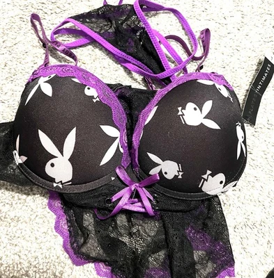 Playboy Intimates фиолетовый и черный кружевной логотип бюстгальтер юбка трусики комплект новое белье L - Изображение 1 из 4