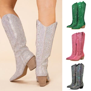 Womens Western Boots Rhinestone Glitter Knee High Boots Pull On Zip Chunky Heels - Picture 1 of 36