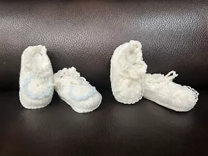 2 Pairs Crochet Baby Girls Shoes Handmade Blue/white Flower - Picture 1 of 15