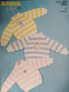 STRIPED BABY SWEATER (add motif), sizes 41-56cm - PATONS Knitting Pattern 3491 - Picture 1 of 1